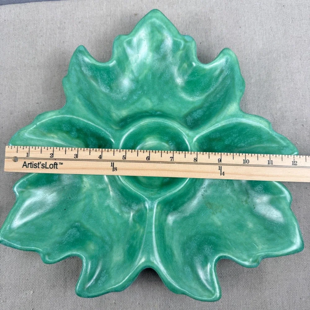 Vintage Green Leaf Chip and Dip‎ Set Signed GJS Studio Pottery Mid Century Style
